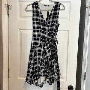 Cefian Wrap Dress Plaid Woven Preppy Black White Sleeveless Ruffle High Low L